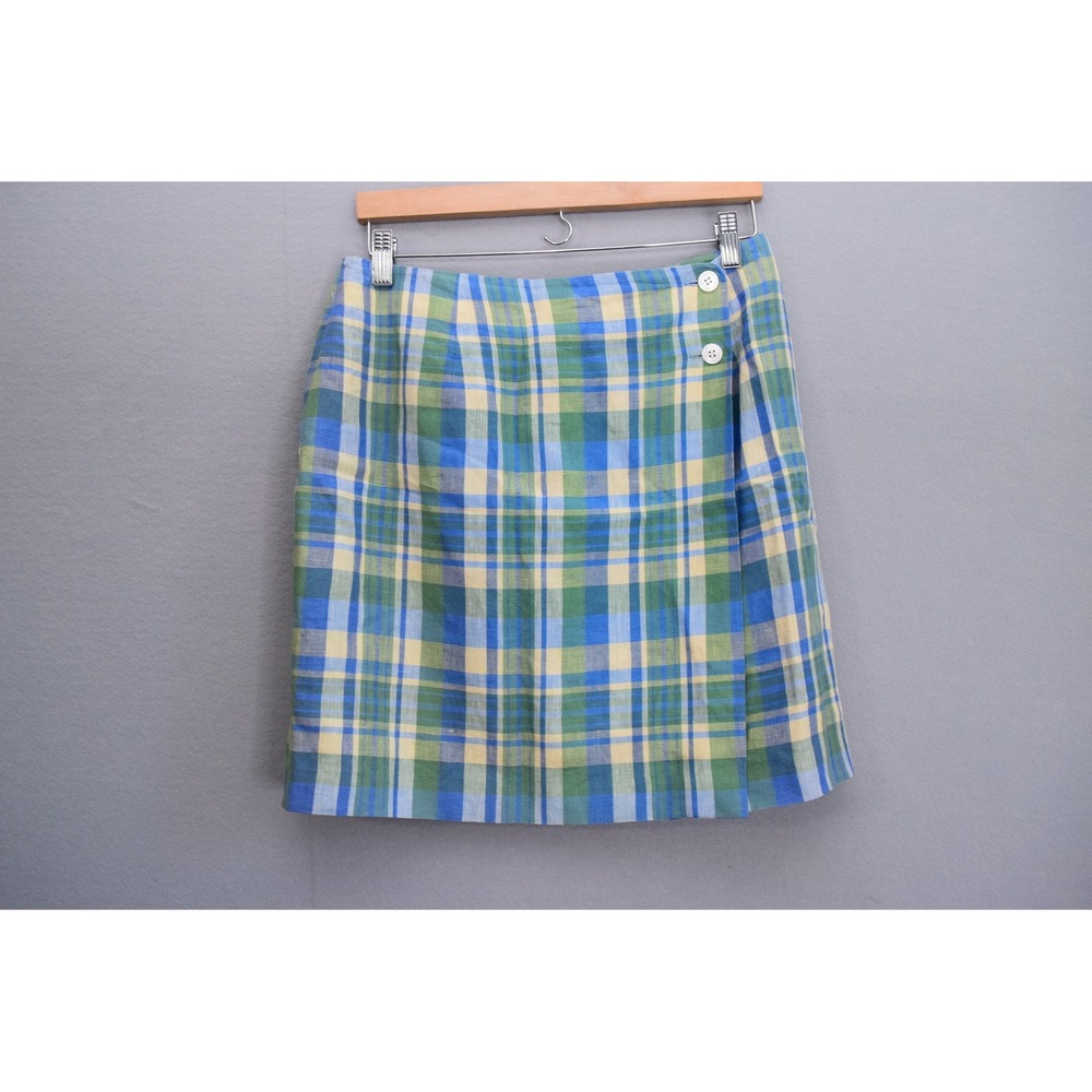 Talbots Linen Wrap Skirt 14P Green Yellow Plaid A-Line Petites Women Classic
